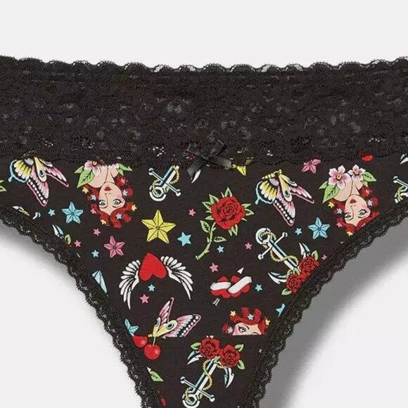 Torrid Panties 4X Thong Tattoo Butterfly Rose Cotton Lace Mid Rise Black Panty - Picture 2 of 4